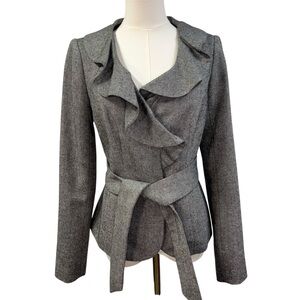 The Limited Blazer Tweed Ruffle Lapel‎ Belted Grey Wool Blend Secretary Small